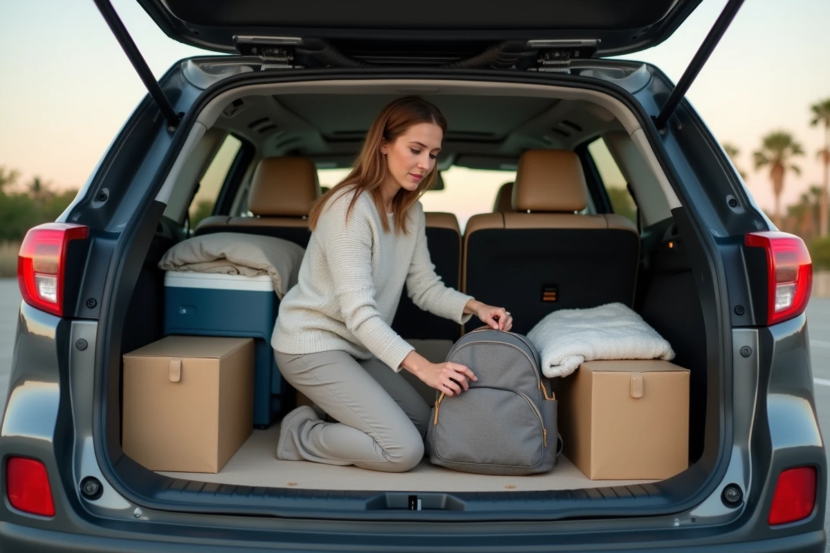 Femme ajustant un sac à dos dans le coffre d’un SUV en aire de repos