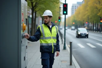 Jeune ouvrier urbain ajustant un panneau de contrôle