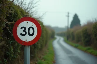 Panneau de limitation de vitesse britannique à 30 mph sur une route de campagne anglaise