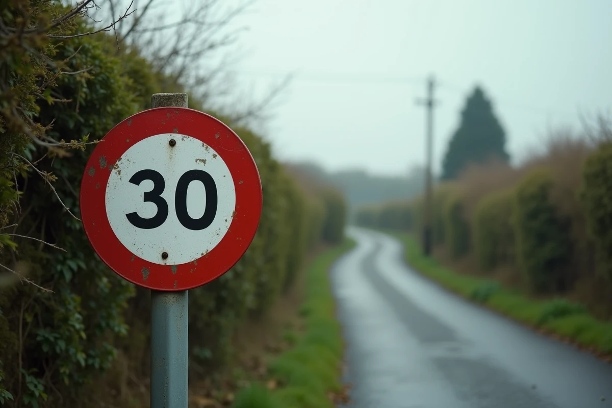 Panneau de limitation de vitesse britannique à 30 mph sur une route de campagne anglaise