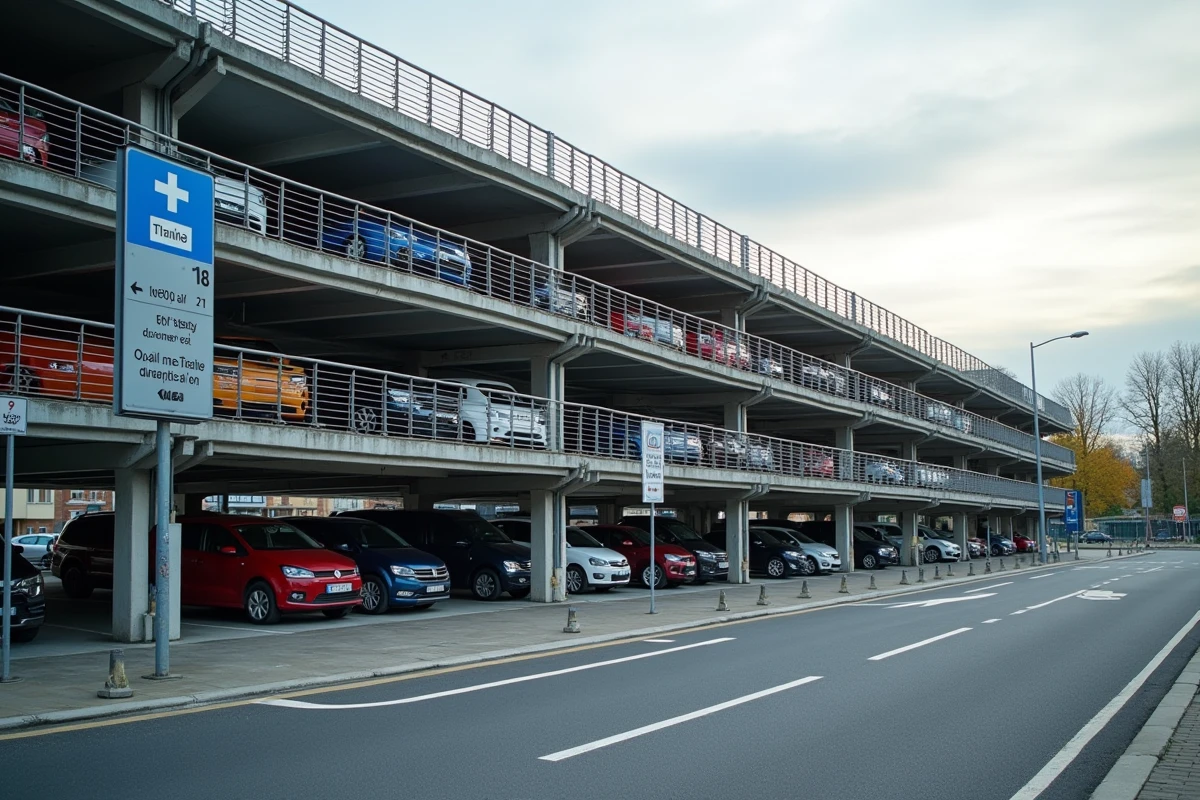 Vue extérieure d'un parking à étages avec signalétique de durée de stationnement près de la gare de Valence