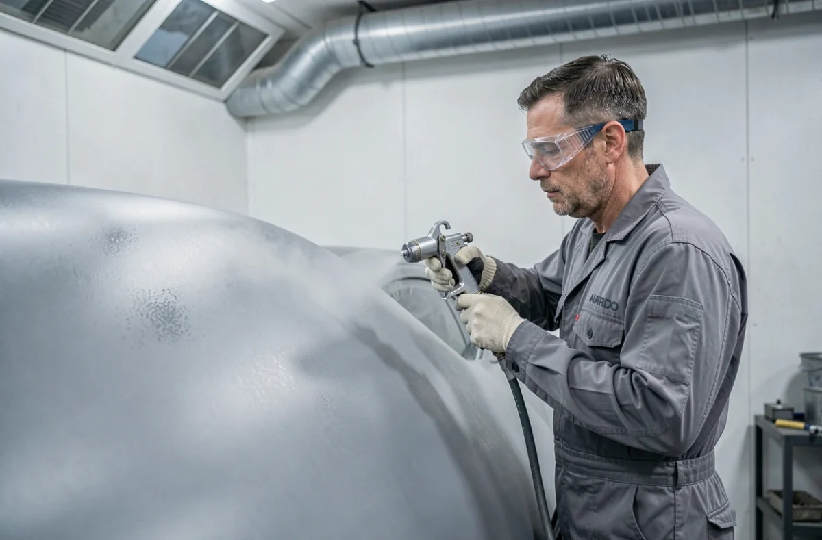 Peintre automobile appliquant un vernis gris nardo mat sur une carrosserie en cabine de peinture professionnelle