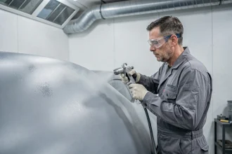 Peintre automobile appliquant un vernis gris nardo mat sur une carrosserie en cabine de peinture professionnelle