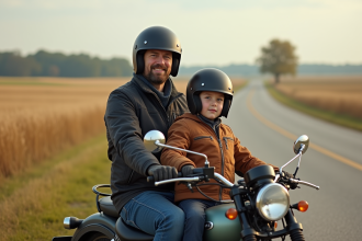 Homme et garçon en moto avec sidecar dans la campagne