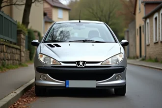 Peugeot 206 hatchback argentée garée dans une rue résidentielle française, vue en angle 3/4 avant