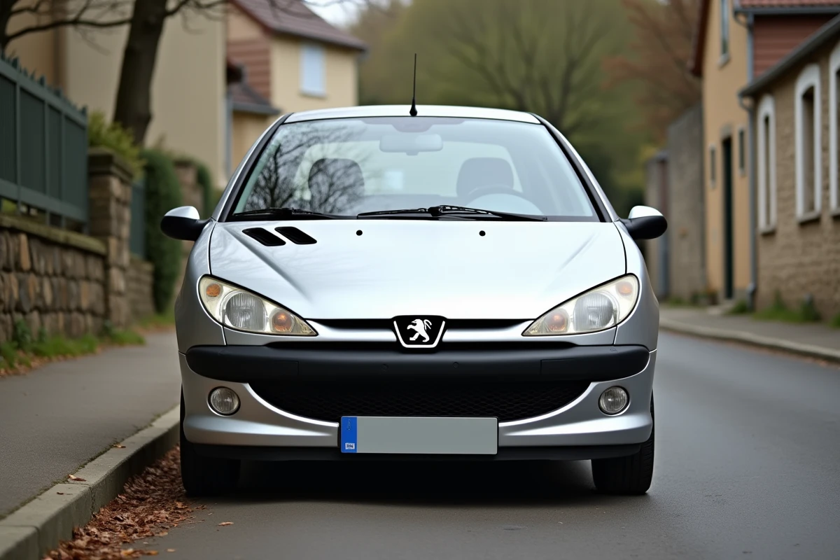 Peugeot 206 hatchback argentée garée dans une rue résidentielle française, vue en angle 3/4 avant