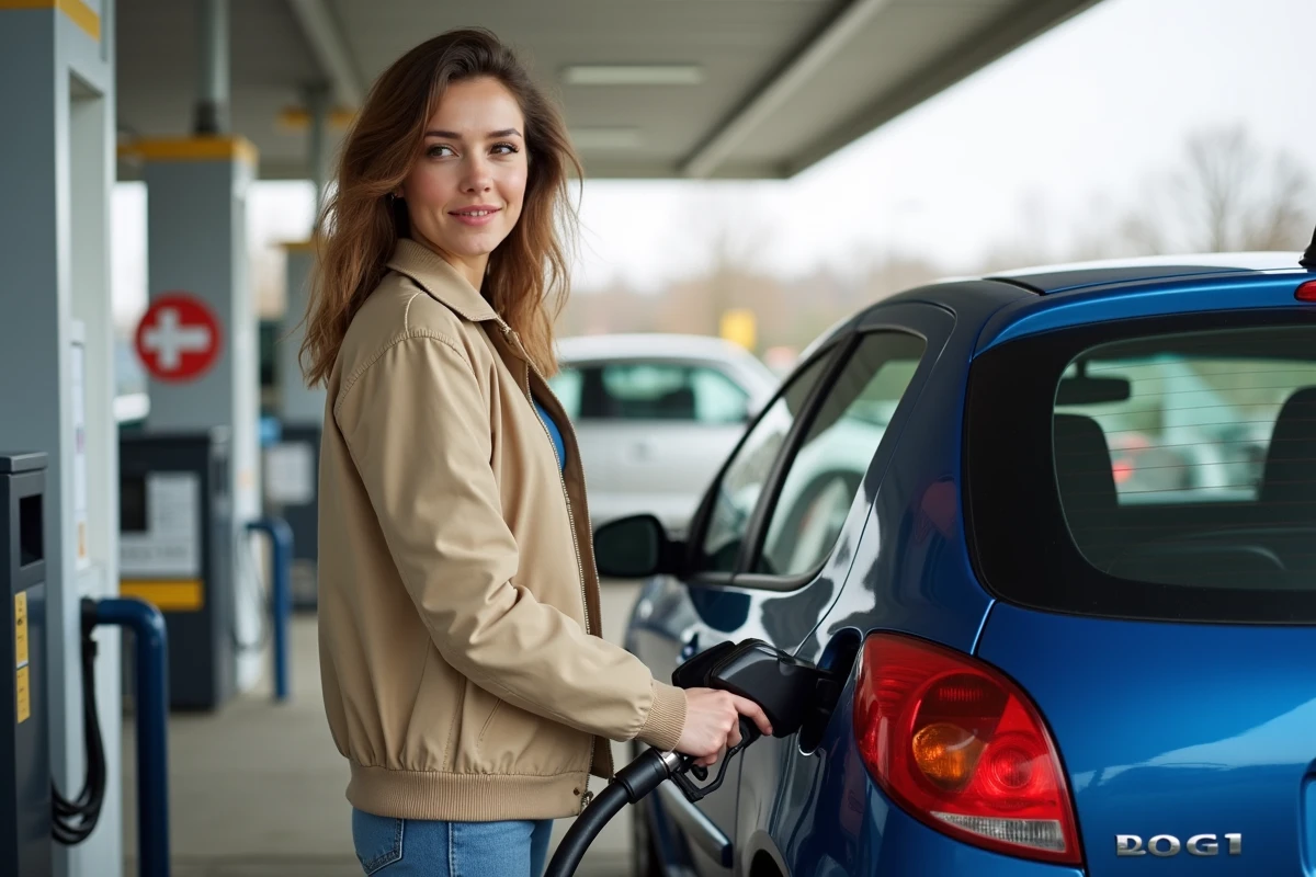 Jeune femme faisant le plein de carburant d'une Peugeot 206 bleue dans une station-service française