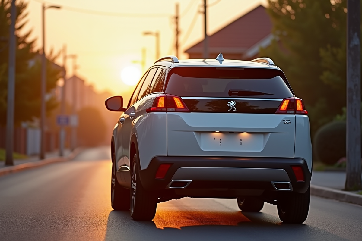 Peugeot 3008 en rue urbaine au coucher du soleil
