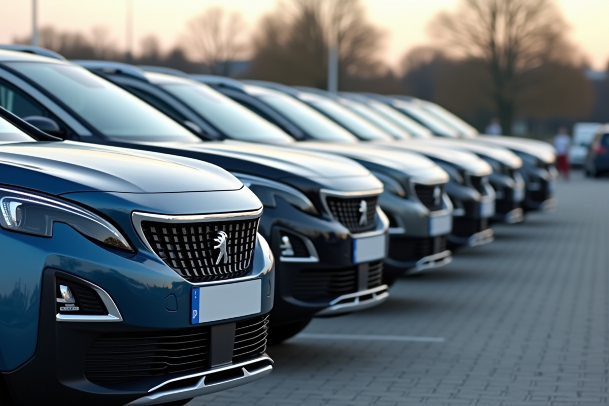 Ligne de Peugeot 3008 garées en extérieur en journée