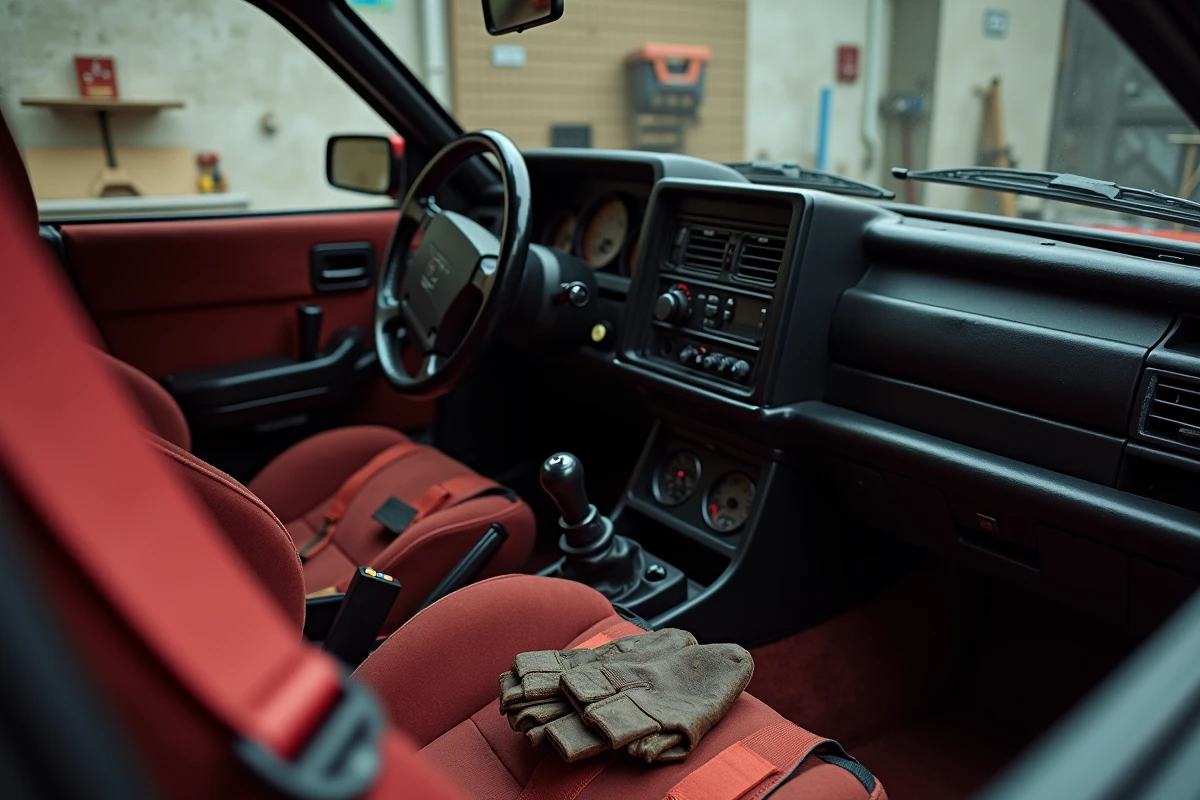 Intérieur cockpit d'une Peugeot 306 Maxi avec volant Sparco, harnais rouge et tableau de bord rallye dans un garage privé