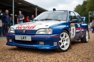 Peugeot 306 Maxi en livrée rallye bleue et blanche garée sur une zone de service en gravier lors d'un événement motorsport classique