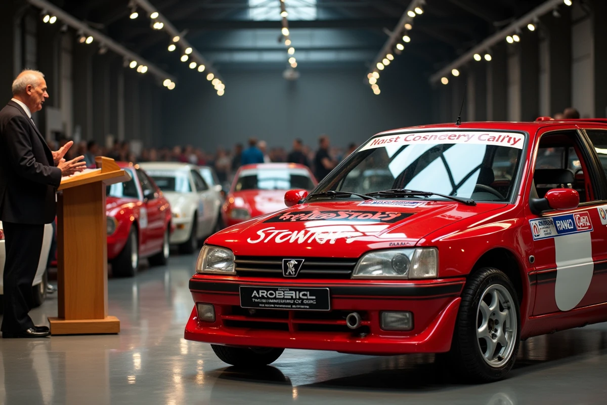 Peugeot 306 Maxi rouge exposée dans une salle de vente aux enchères de voitures classiques avec un commissaire-priseur en costume sombre