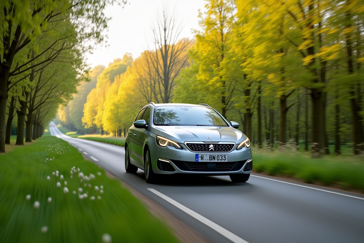Peugeot 308 hybride roulant en campagne au printemps