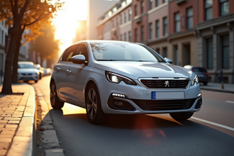 Peugeot 308 hybride stationnée en ville en matinée