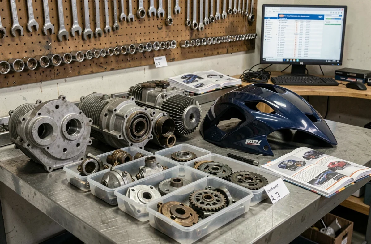 Pièces détachées de motos sportives soigneusement organisées sur un établi dans une casse moto spécialisée
