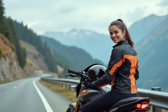 Jeune femme pilote en veste moto textile assise sur une sportive A2 au bord d'un col de montagne