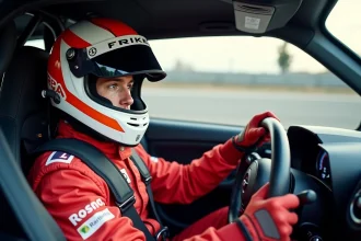 Pilote de circuit GRSX concentré dans son cockpit, mains sur le volant, combinaison de course rouge et blanche, vue intérieure en plongée légère