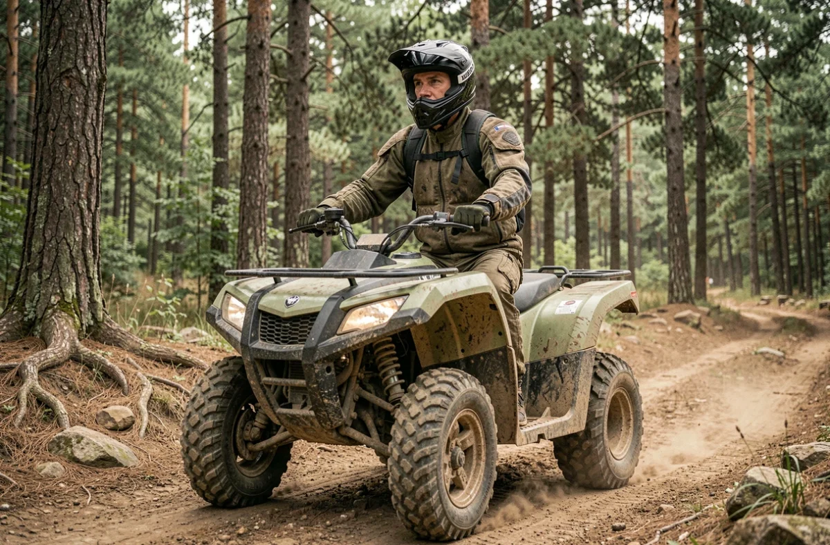 Pilote en quad tout-terrain sur sentier forestier, illustrant l'usage loisir pour une assurance quad buggy