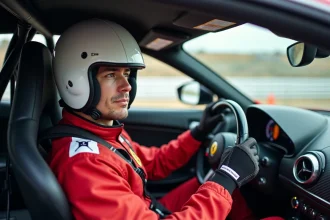 Pilote en combinaison de course rouge au volant d'une voiture de sport sur circuit lors d'un stage de pilotage