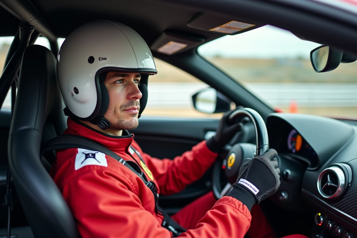Pilote en combinaison de course rouge au volant d'une voiture de sport sur circuit lors d'un stage de pilotage