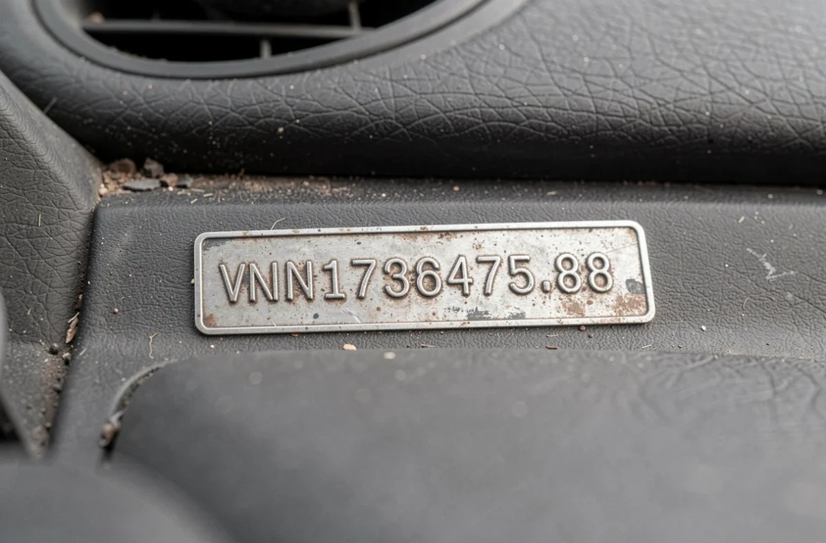Gros plan sur la plaque VIN gravée sur le tableau de bord d'une voiture, montrant le numéro d'identification du véhicule en détail