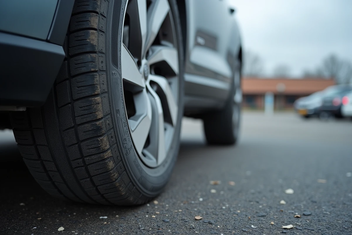 Pneu avant usé de manière irrégulière sur un SUV indiquant un besoin de contrôle de géométrie