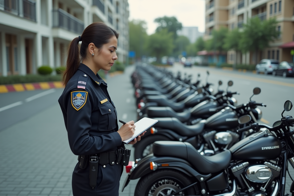 Policiere notant des motos dans un parking urbain