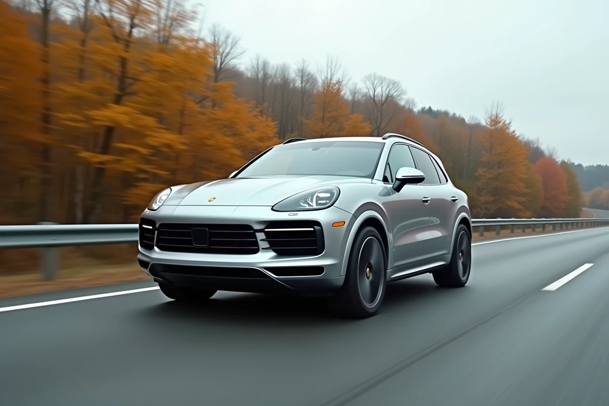 Porsche Cayenne S roulant sur une autoroute entourée de forêt automnale, vue latérale dynamique illustrant les performances routières