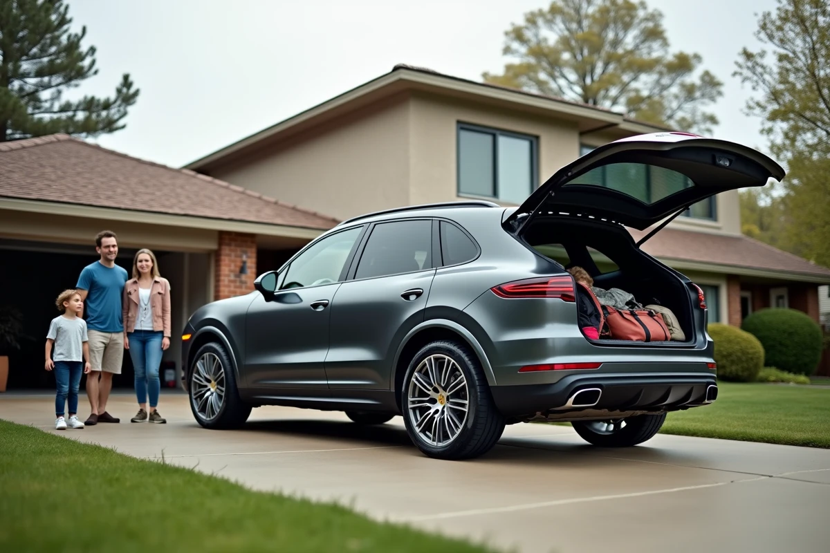 Famille avec enfants devant un Porsche Cayenne S dans une allée résidentielle, coffre ouvert chargé de bagages familiaux