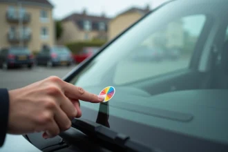 Main collant une vignette Crit'Air sur le pare-brise intérieur d'une voiture en zone urbaine