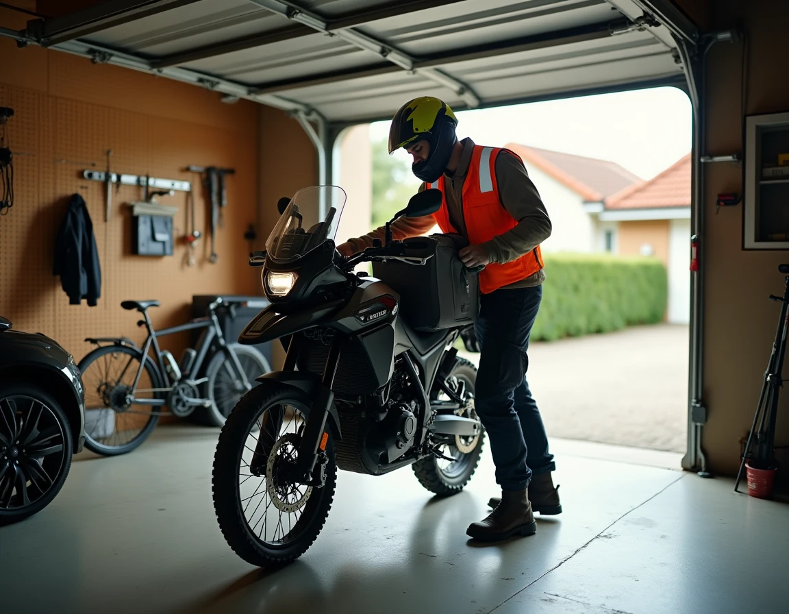 Motard équipant ses sacoches sur une moto adventure dans un garage résidentiel avant son départ au travail