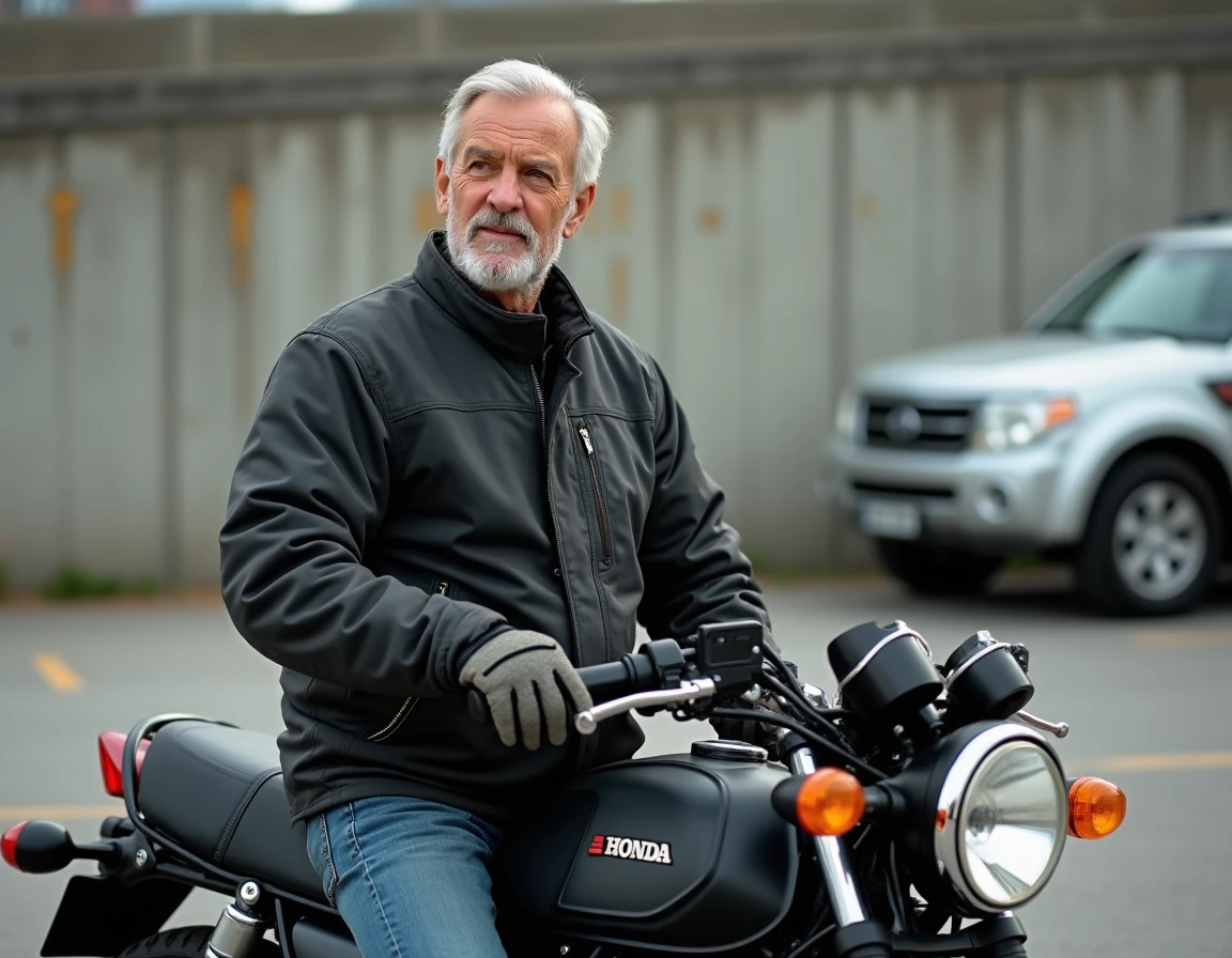 Propriétaire expérimenté posant avec sa Honda CB900 dans un parking urbain, regard confiant et équipement de moto usé par des années de conduite