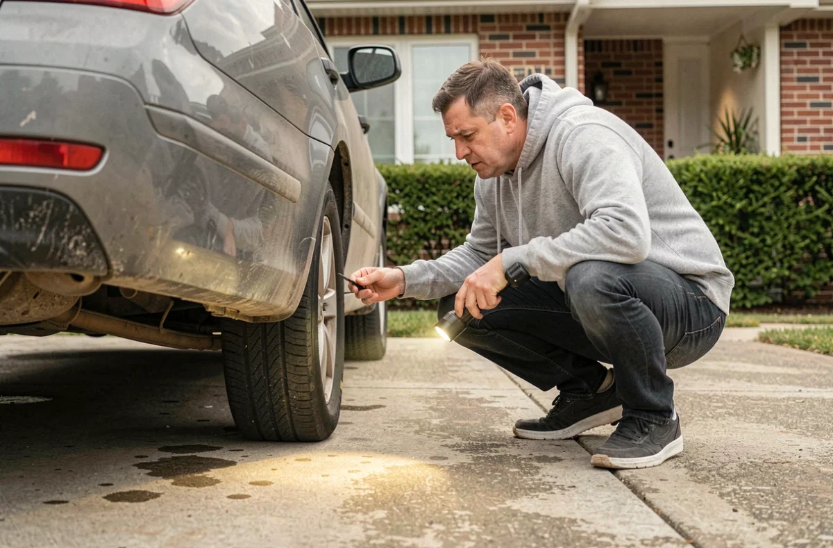 Propriétaire inspectant le dessous de sa voiture diesel en panne dans une allée résidentielle