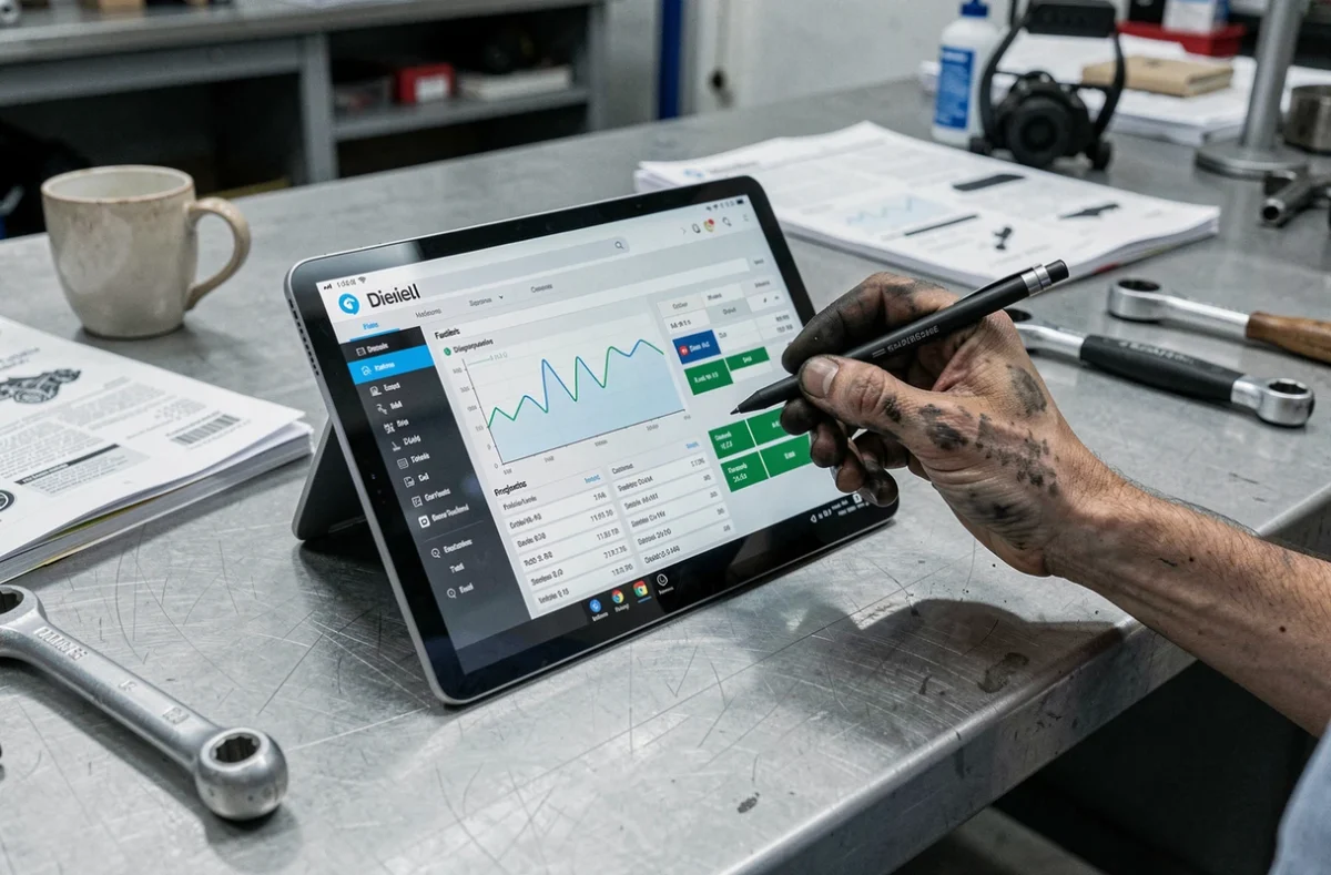 Rapport de diagnostic numérique pour panne moteur diesel 1351 affiché sur tablette dans un atelier mécanique
