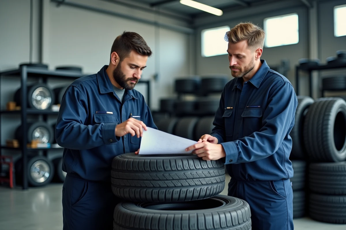 Techniciens contrôlant une livraison de pneus dans un centre de montage automobile