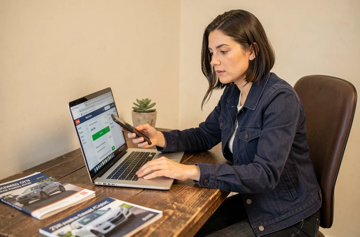 Femme recherchant la finition de sa voiture via son numéro VIN sur un site web depuis son bureau à domicile