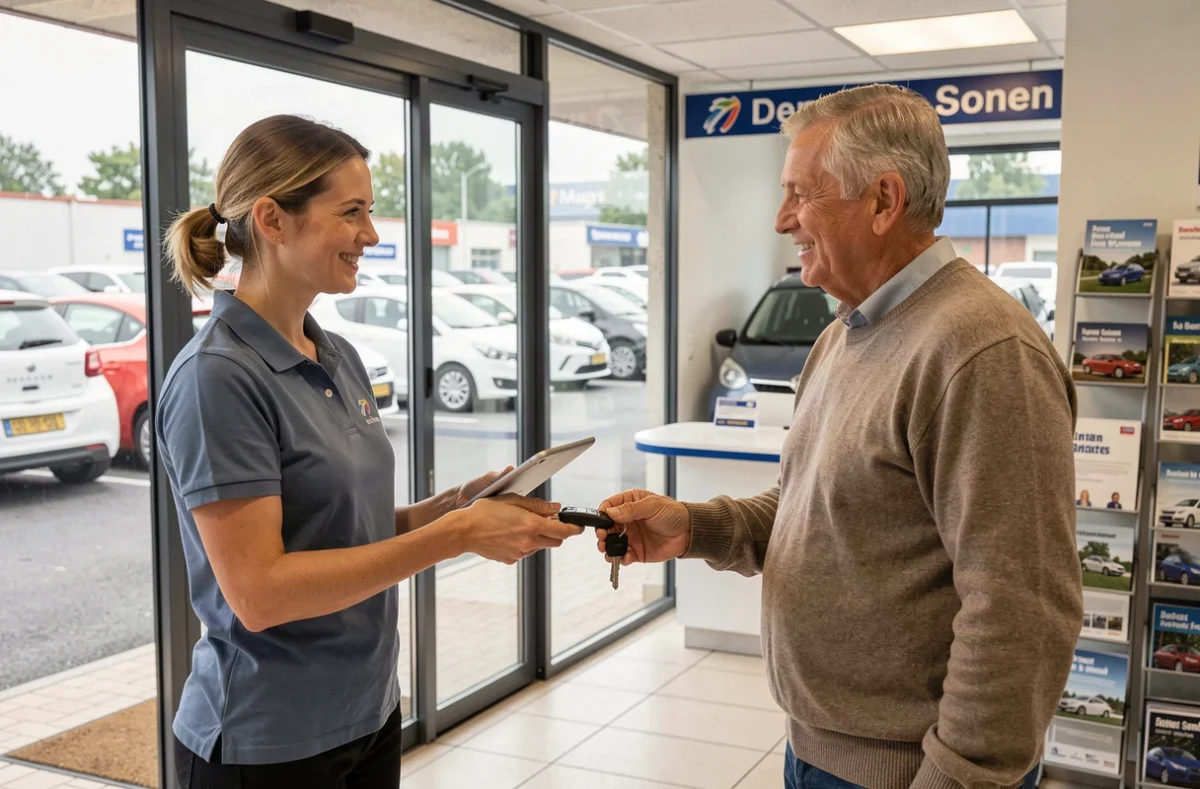 Employée d'agence remettant les clés d'une voiture sans permis à un client senior à Auxerre