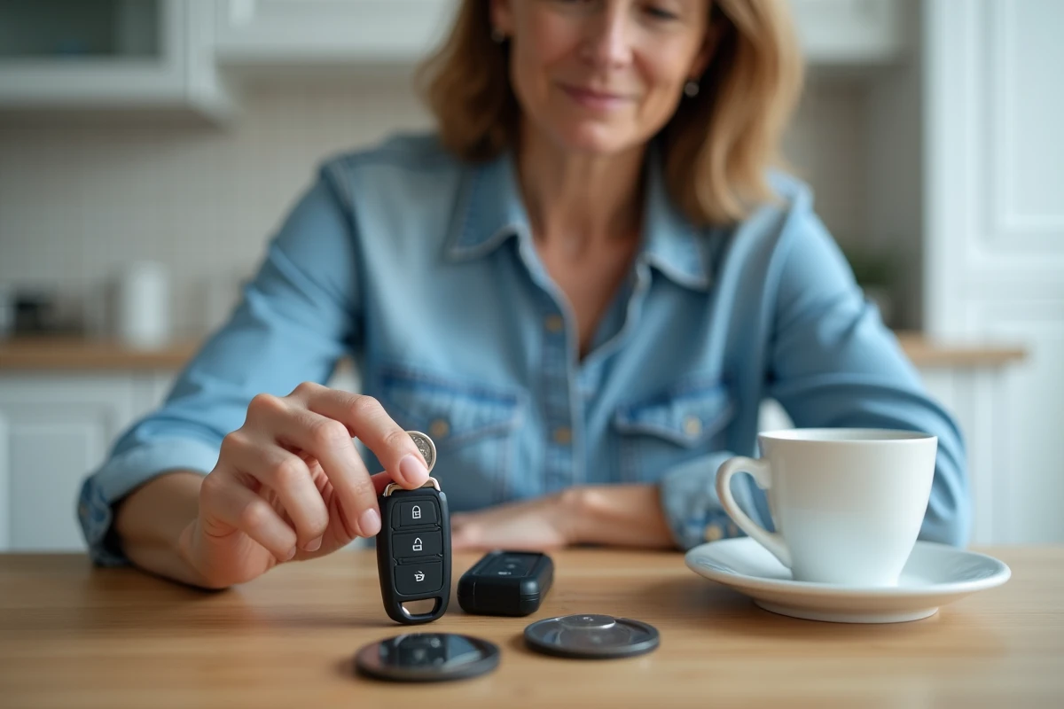 Femme remplaçant la pile d'une clé Clio 4 ouverte sur une table de cuisine
