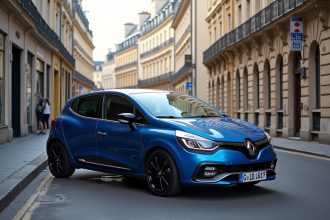 Renault Clio 3 Phase 2 bleue à Paris avec bâtiments haussmanniens