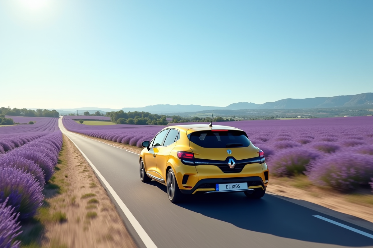 Clio 3 en Provence avec champs de lavande en fleurs