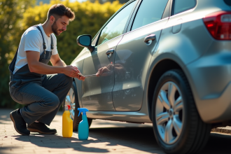 Personne en combinaison propre réparant une porte de voiture rayée en extérieur