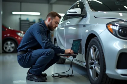 Technicien automobile connectant un outil de reprogrammation OBD2 sur une voiture de leasing dans un garage professionnel