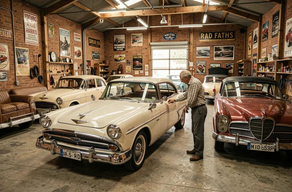 Spécialiste de Retro Classic Auto admirant une voiture ancienne restaurée dans le garage