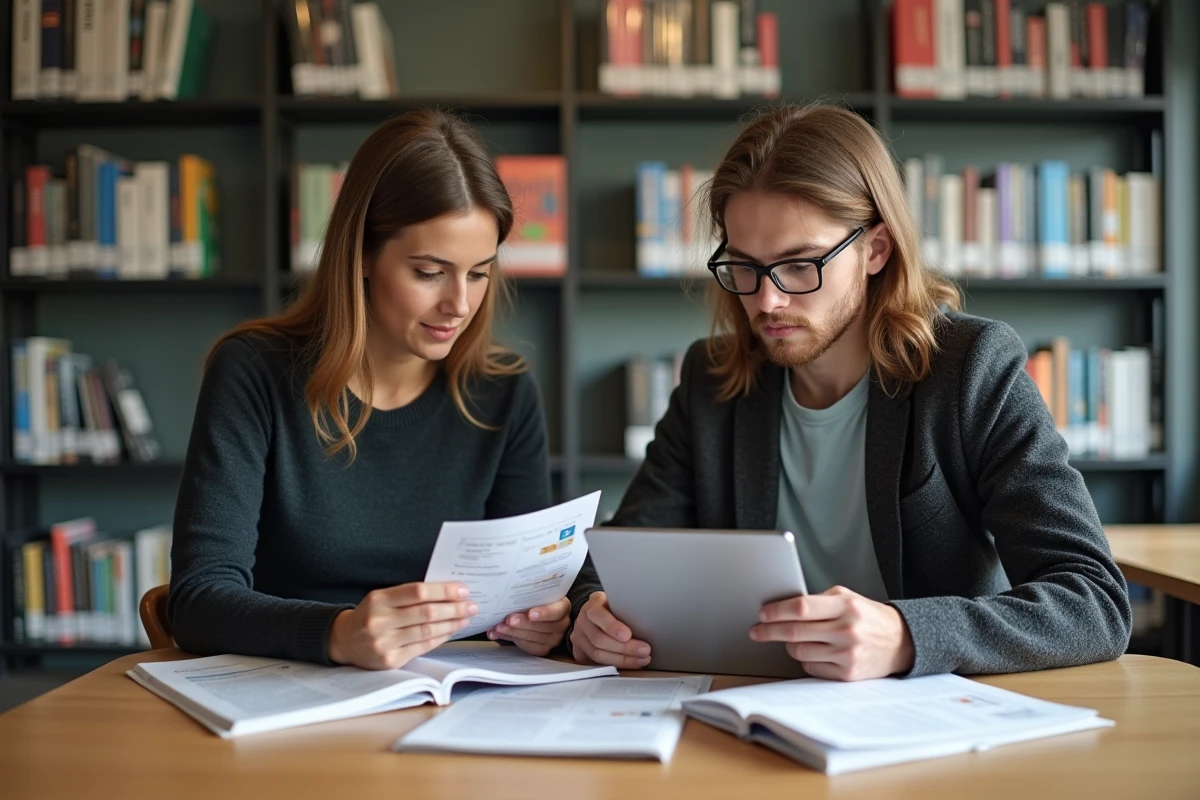 Deux étudiants révisant ensemble le code de la route avec des fiches PDF permis B 2026 dans une bibliothèque moderne