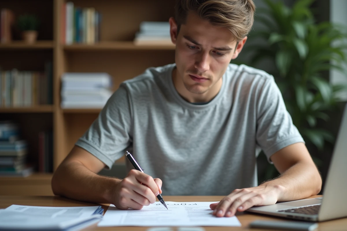Jeune homme révisant un document PDF imprimé pour préparer l'oral du permis de conduire