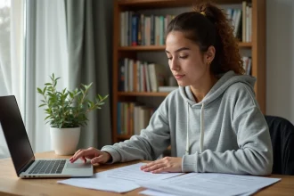 Jeune femme révisant son code de la route avec un guide PDF du permis B 2026 sur un bureau en bois à la maison