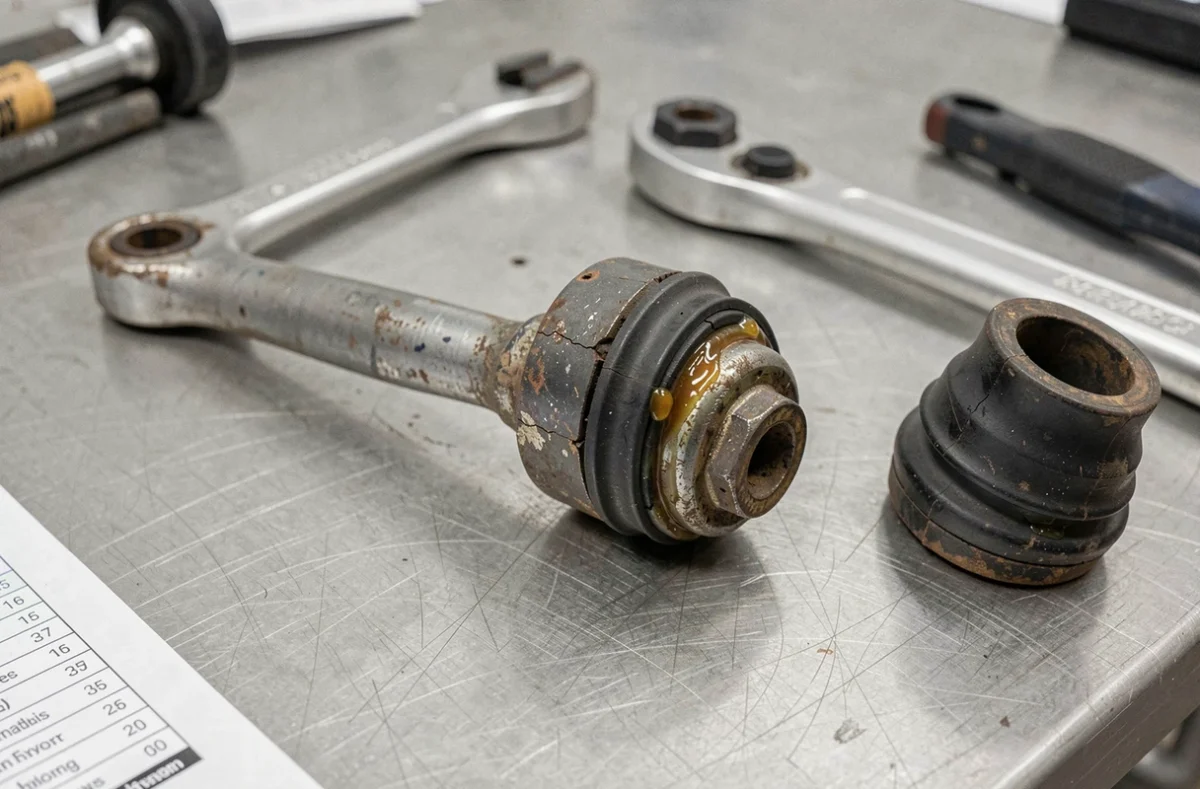 Rotule et biellette de direction usées montrant des fissures sur le soufflet et des traces de corrosion métallique