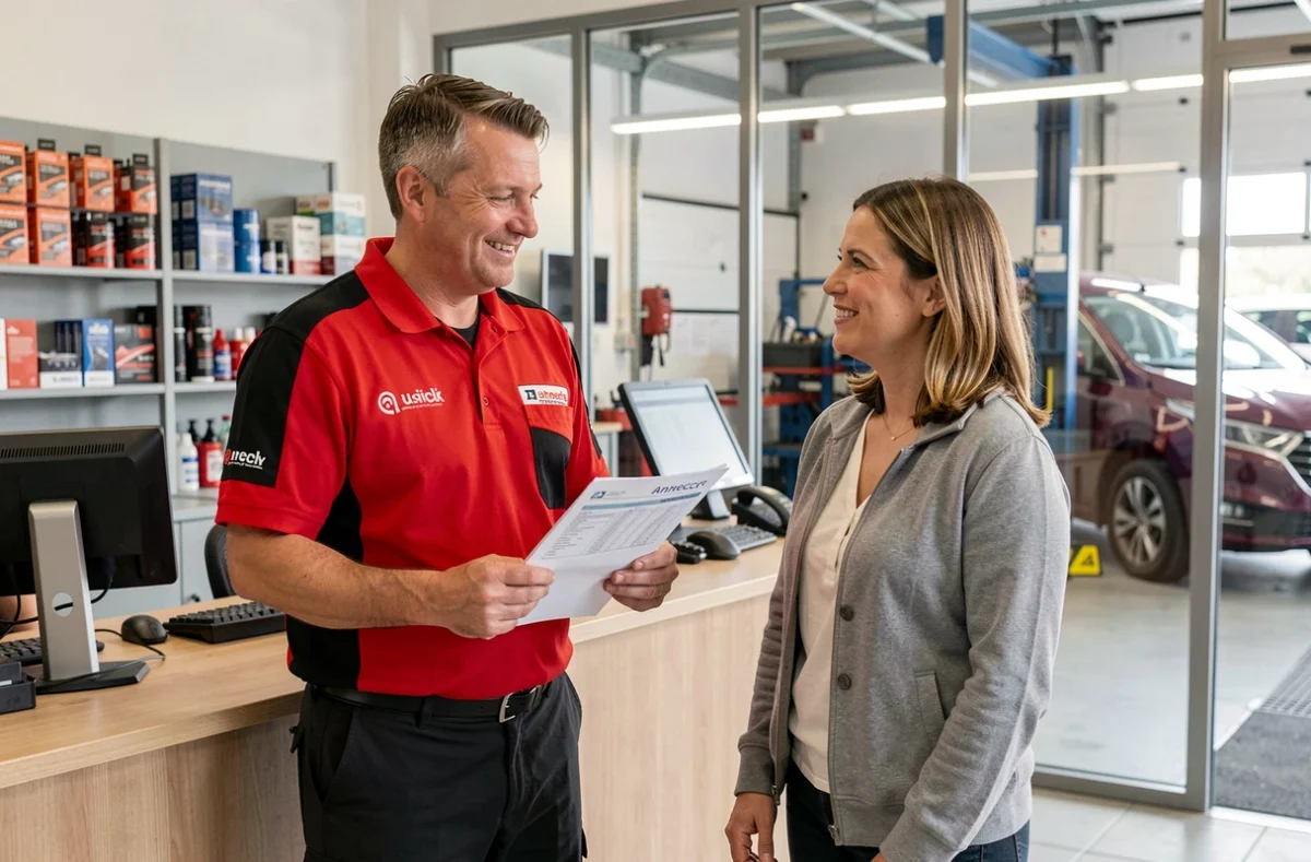 Mécanicien de SB Automobiles accueillant une cliente satisfaite dans le garage près d'Annecy