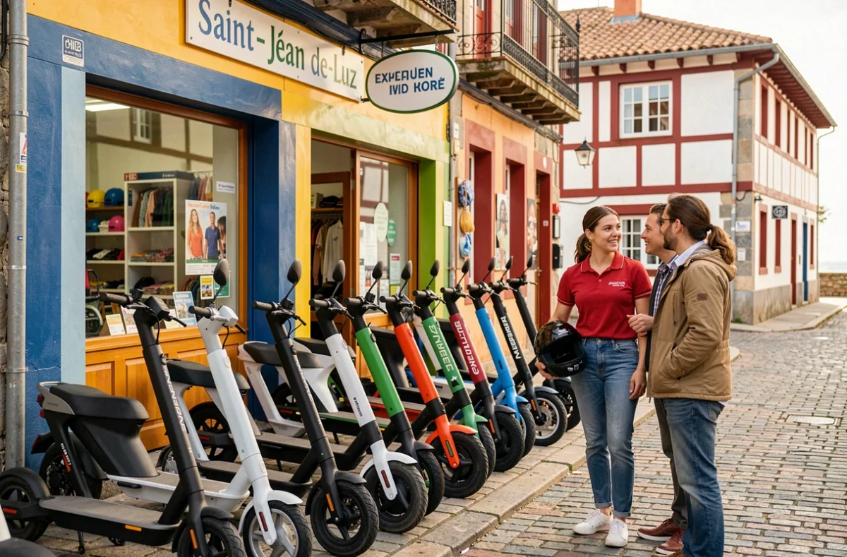 Boutique Scooter Loisirs à Saint-Jean-de-Luz avec une rangée de scooters en location et une employée conseillant des touristes