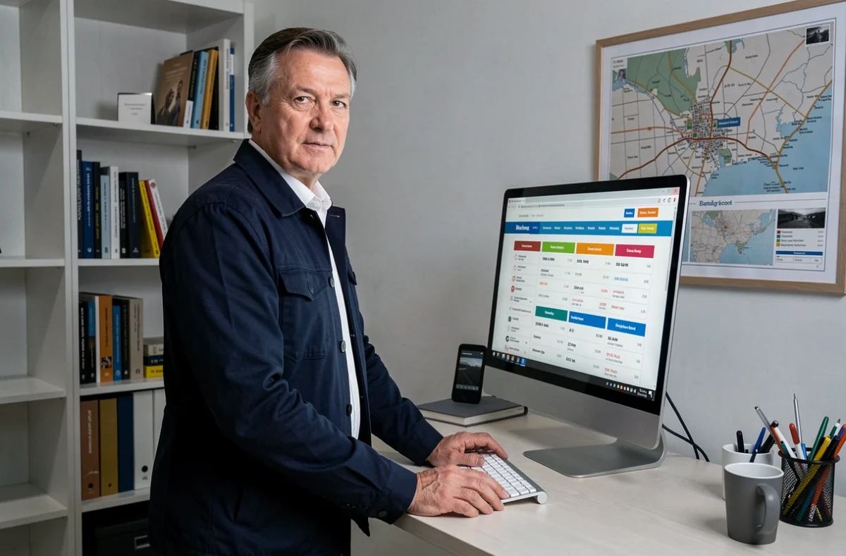 Homme en bureau à domicile effectuant une simulation de devis assurance auto sur ordinateur